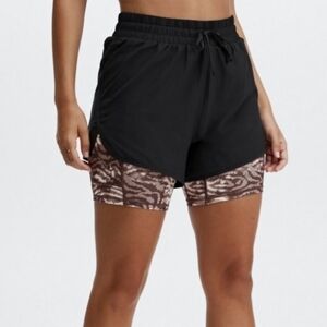 Fabletics Sloane Black and Brown Camo Patterned Athletic Running Shorts